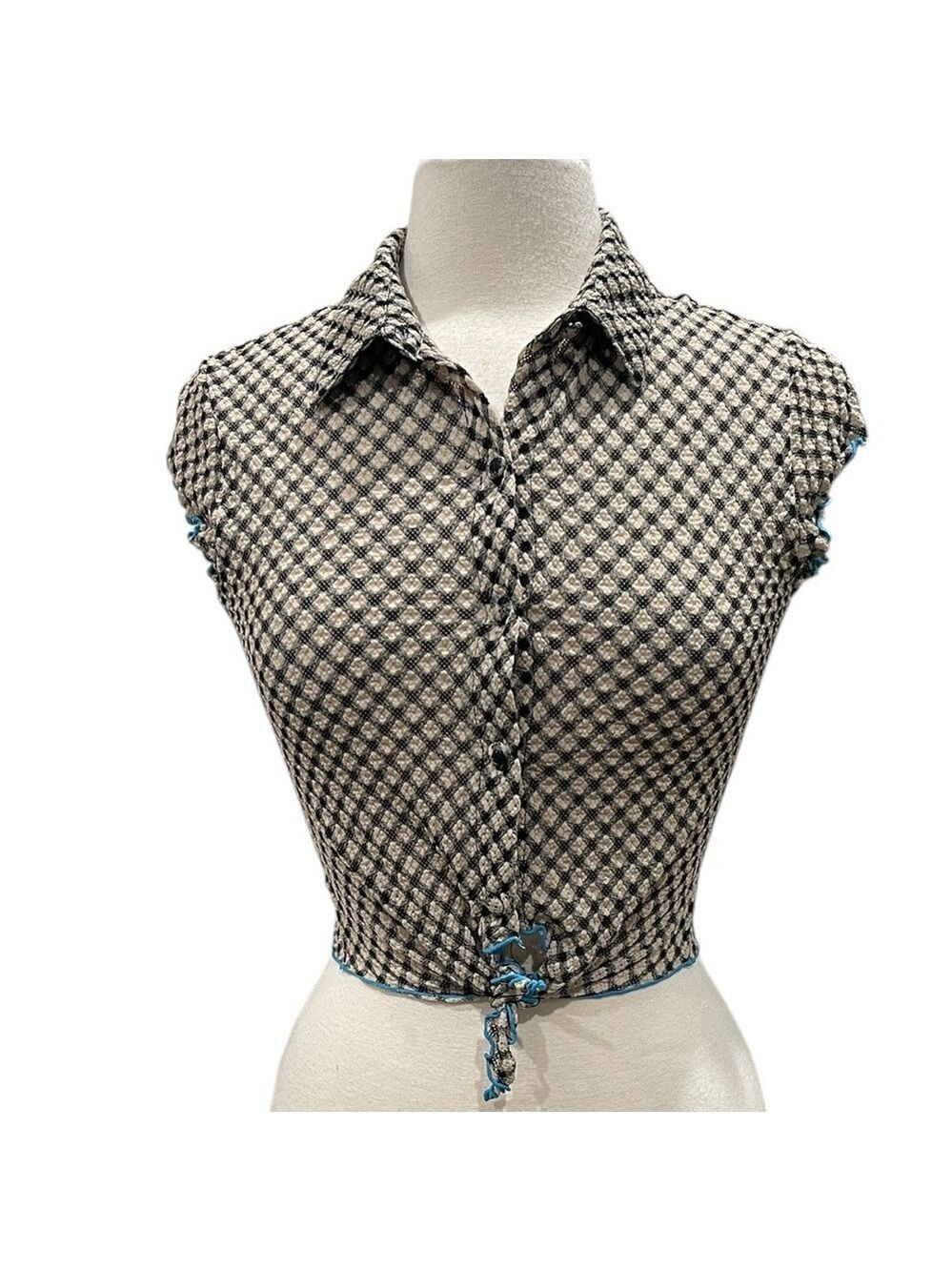 Expired Girl Textured Stretch Mesh Tie Front Cropped Top SZ M Black Tan